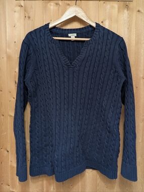 L.L. Bean Navy Blue Cotton Cable Knit V Neck Sweater